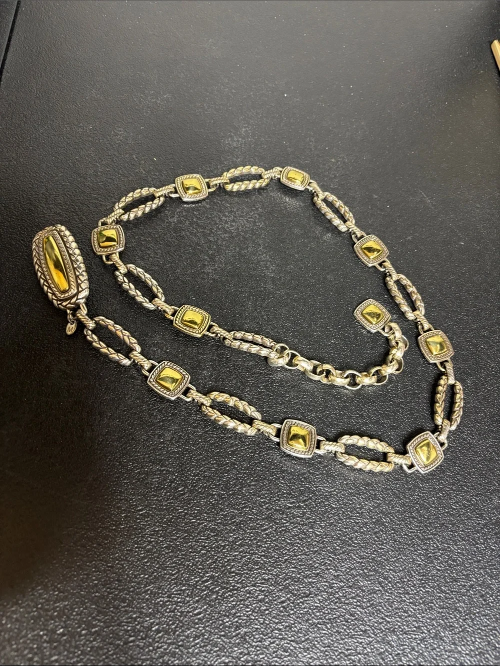 Western Two-Tone Silver and Gold Rope Link Belt with Square Gold Accents Medium
